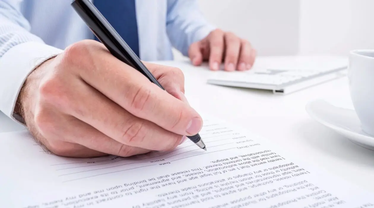 A person signing a line on a document using a pen.