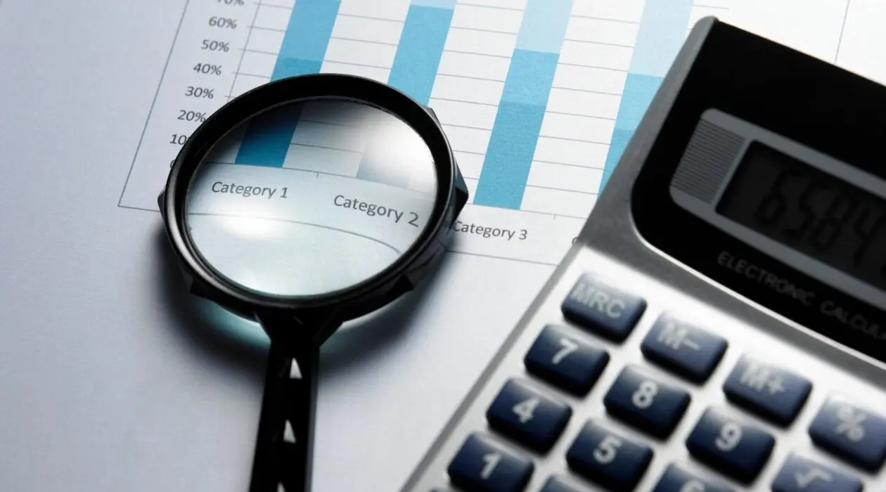 Magnifying glass over a paper bar chart with the X-axis reading “Category 1” and “Category 2”