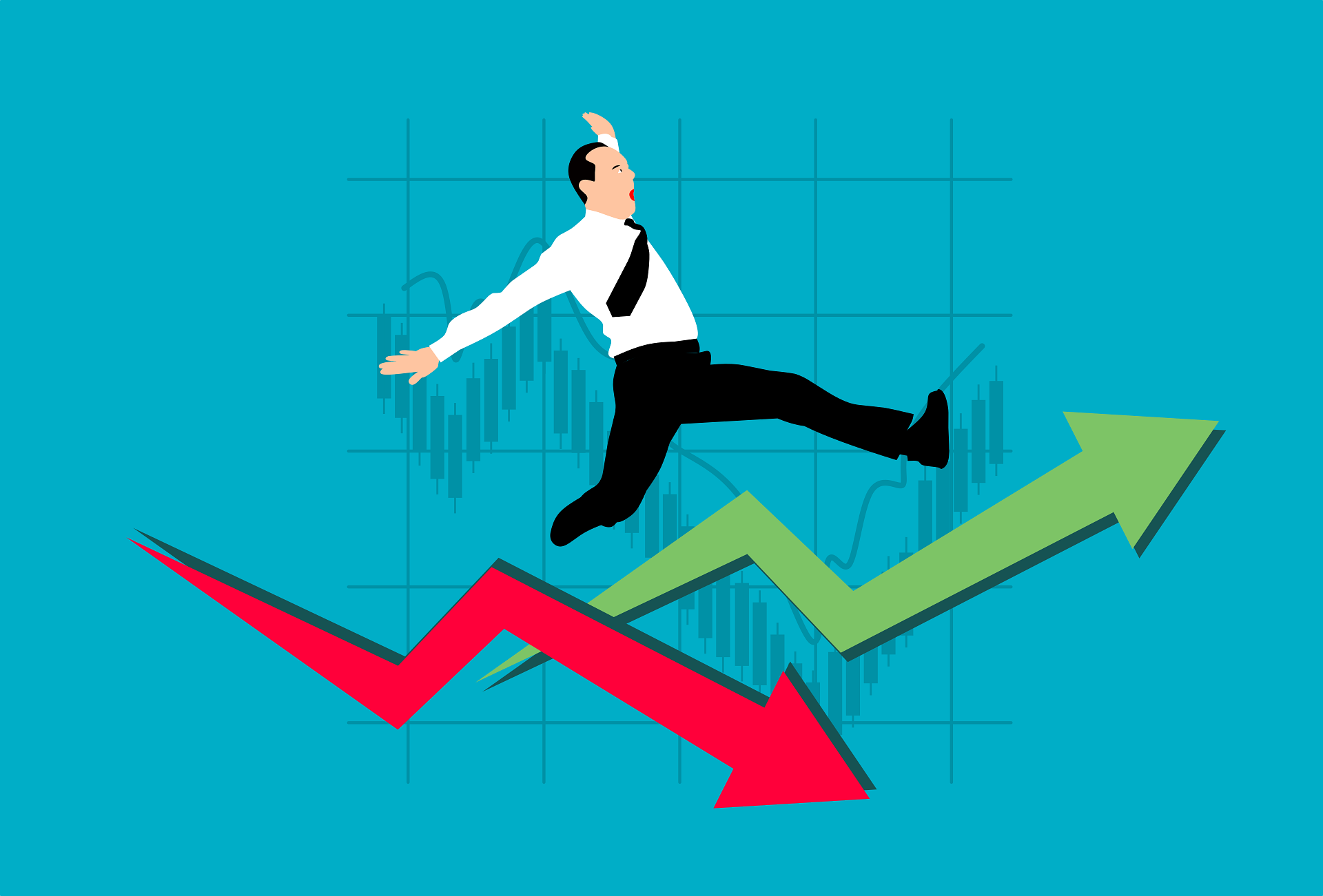 A drawing of a business person jumping over green and red arrows to represent illiquid investments