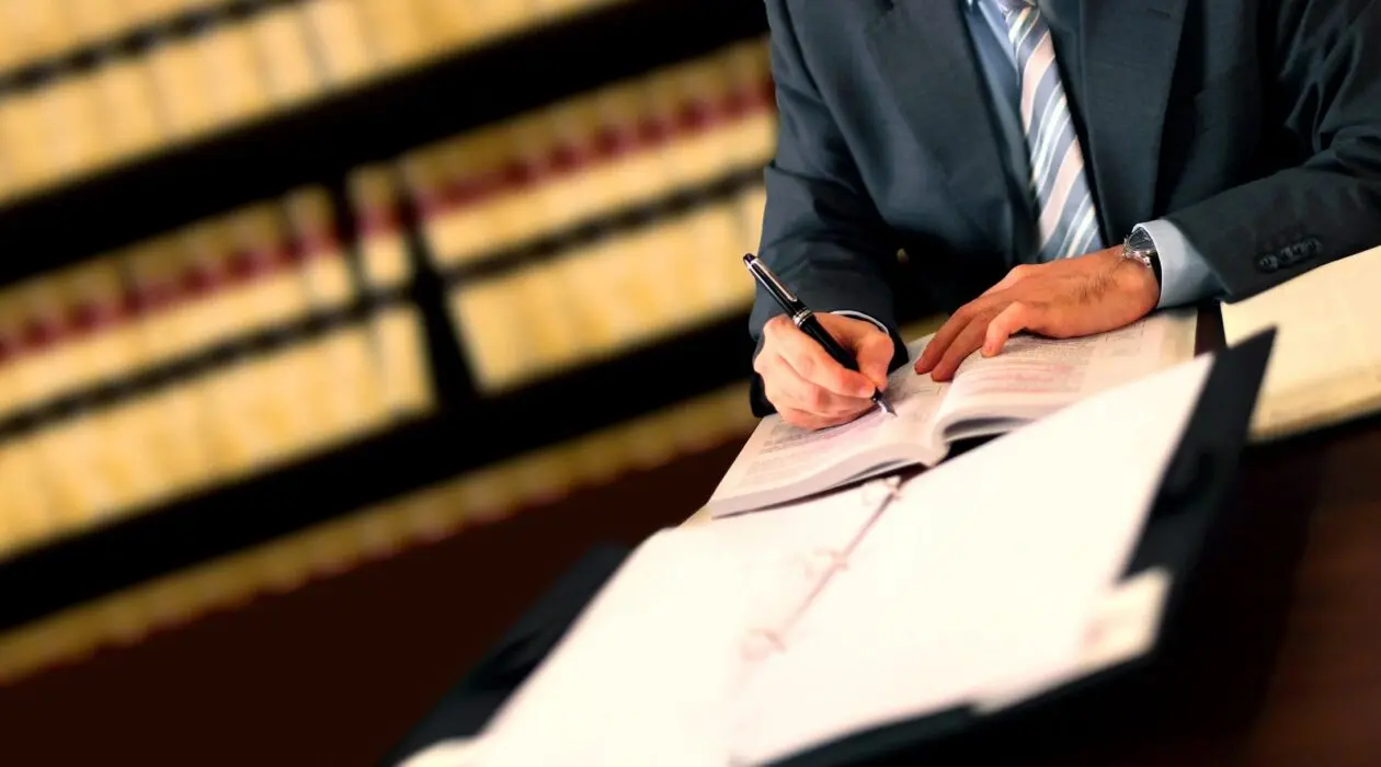 A lawyer writing in a notebook about broker fraud