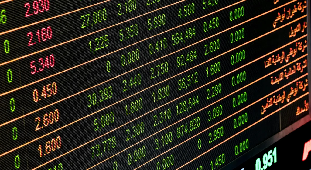 A stock ticker display showing various prices